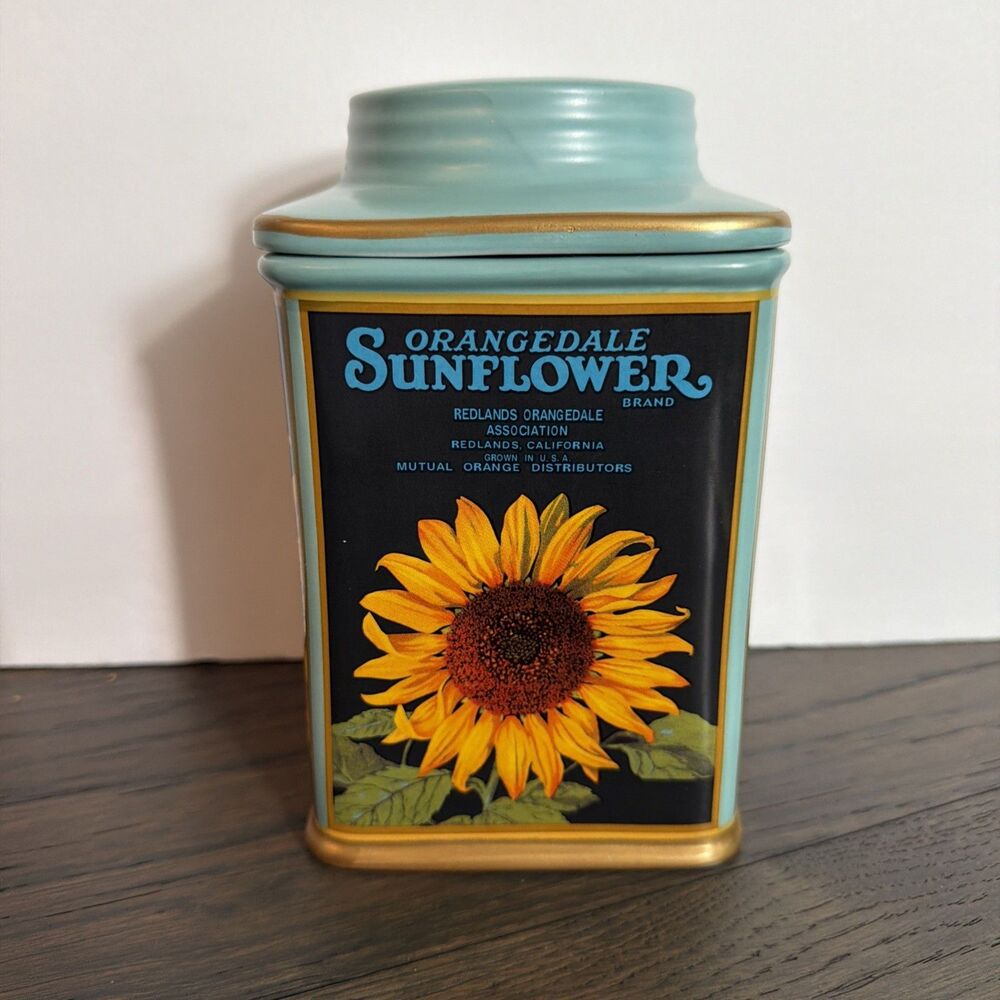 Vintage Oneida Ceramic Canister Orangedale Sunflower Orange Crate Label Retro